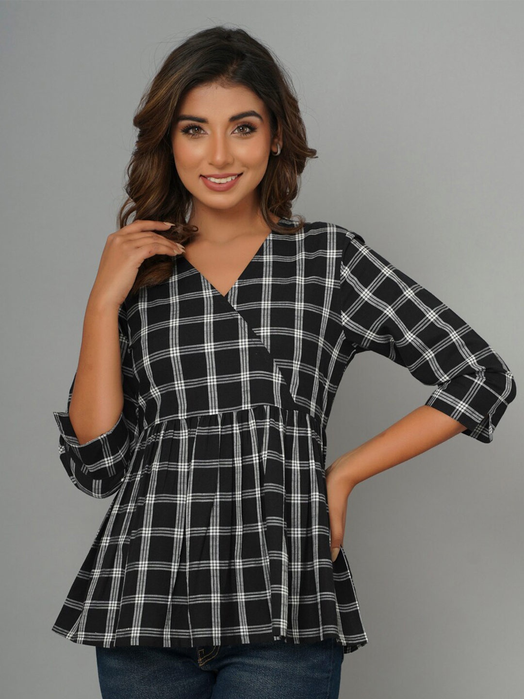 

CRAFTED FOR YOU Checks Cotton Peplum Top, Black