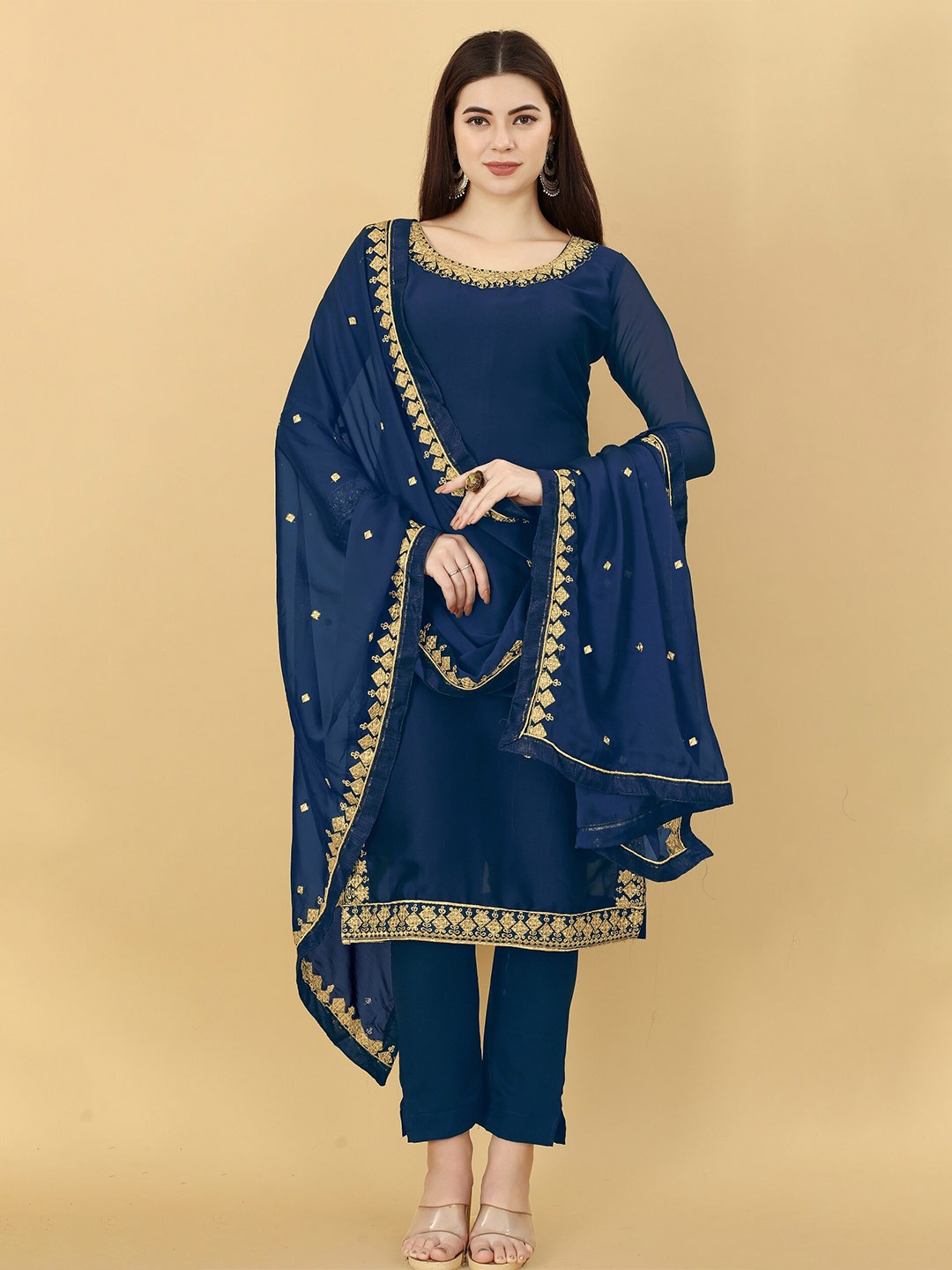 

Ethnic Yard Embroidered Pure Silk Semi-Stitched Dress Material, Blue