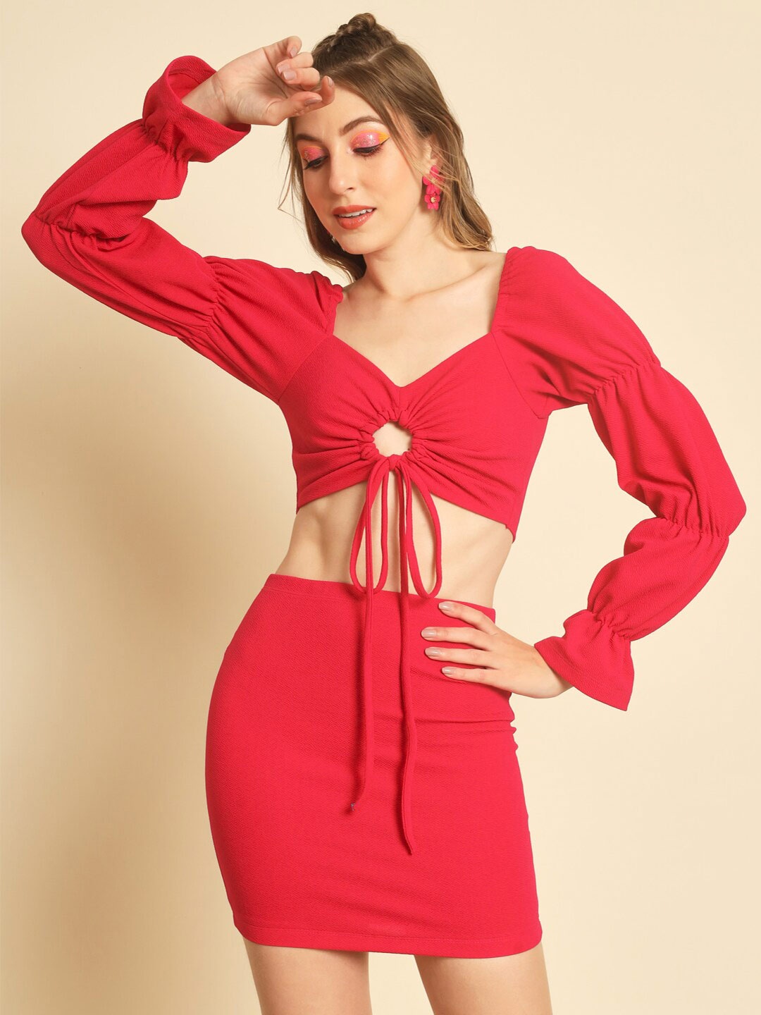 

Darzi Sweetheart Neck Puff Sleeves Tie-Up Top and Skirt Co-Ords Set, Pink