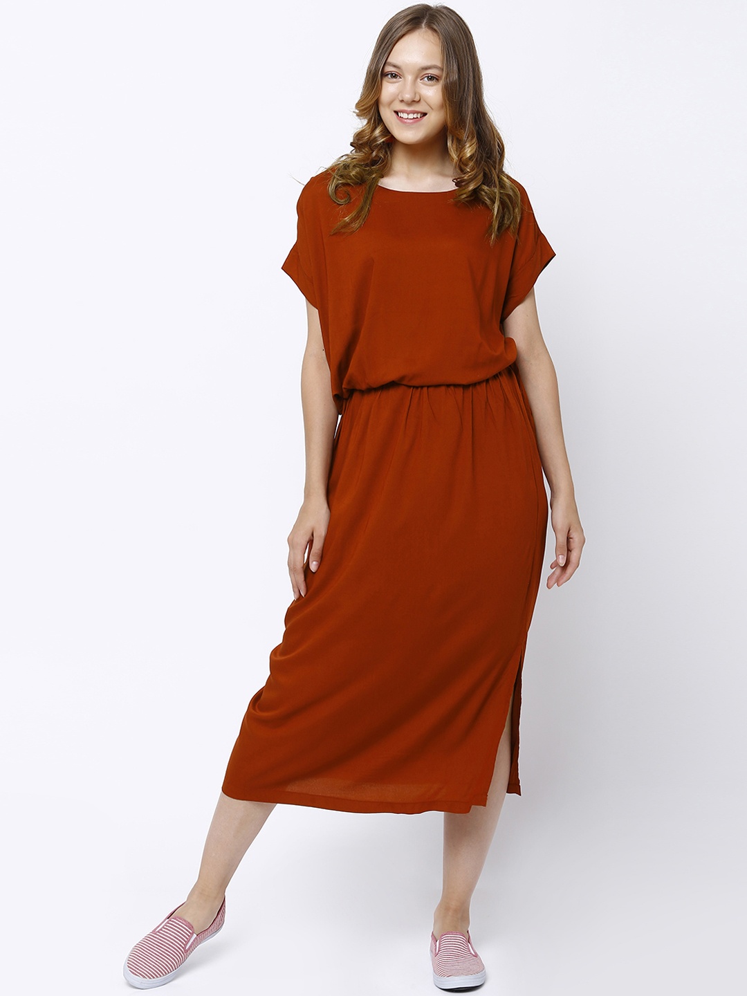

Tokyo Talkies Women Rust Red Solid Blouson Dress