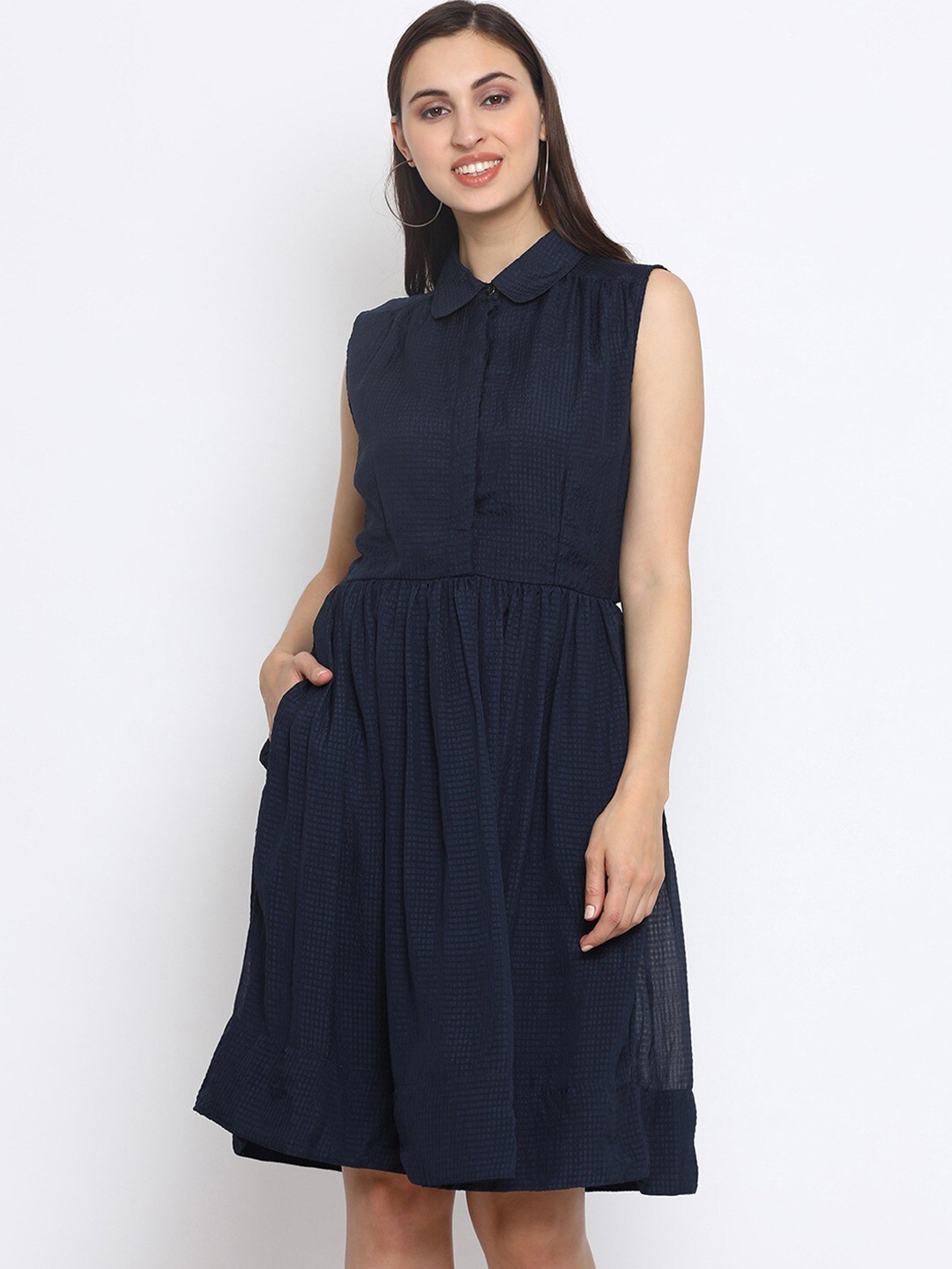 

SQew Shirt Collar Georgette Fit & Flare Dress, Blue