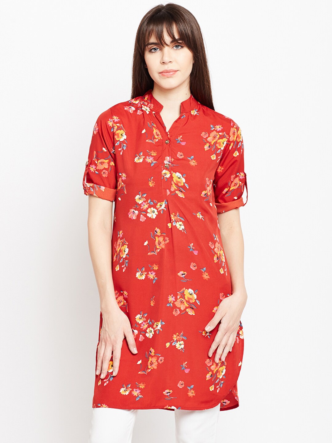 

Ruhaans Floral Printed Mandarin Collar Roll-Up Sleeves Straight Kurti, Red