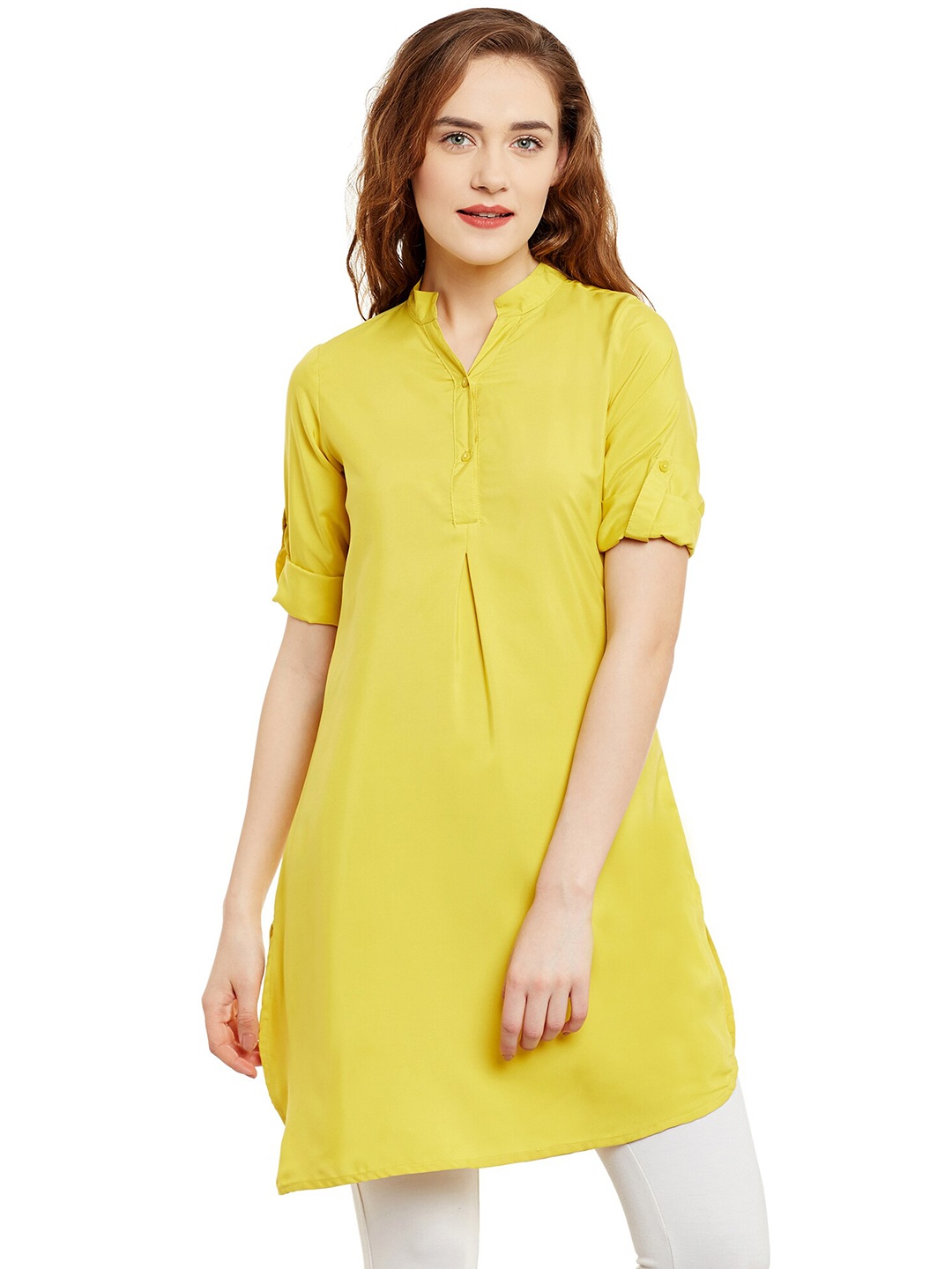 

Ruhaans Mandarin Collar Roll-Up Sleeves Straight Kurti, Yellow