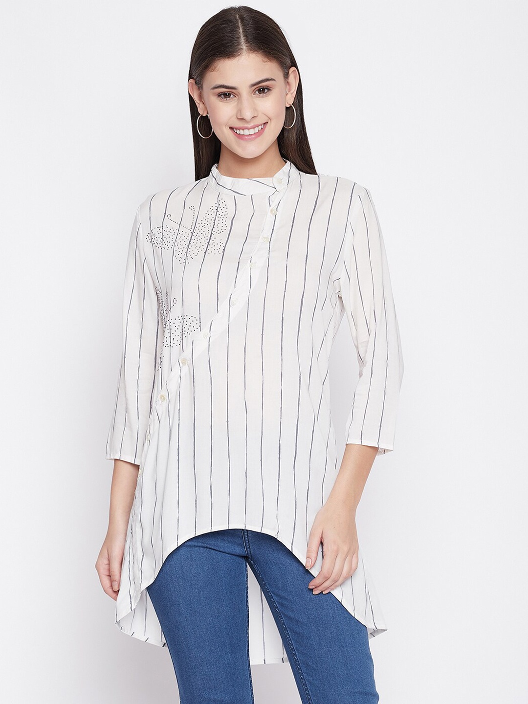 

Ruhaans Striped Mandarin Collar Shirt Style Top, White