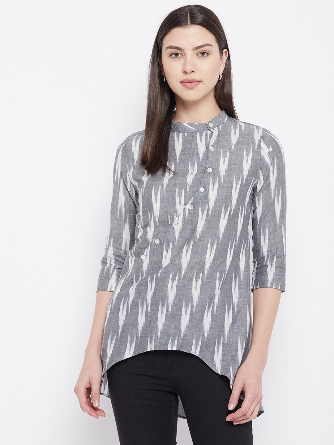 

Ruhaans Printed Cotton Mandarin Collar Tunic, Grey