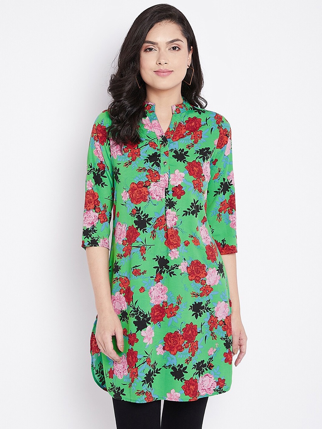 

Ruhaans Floral Printed Mandarin Collar Straight Kurti, Green