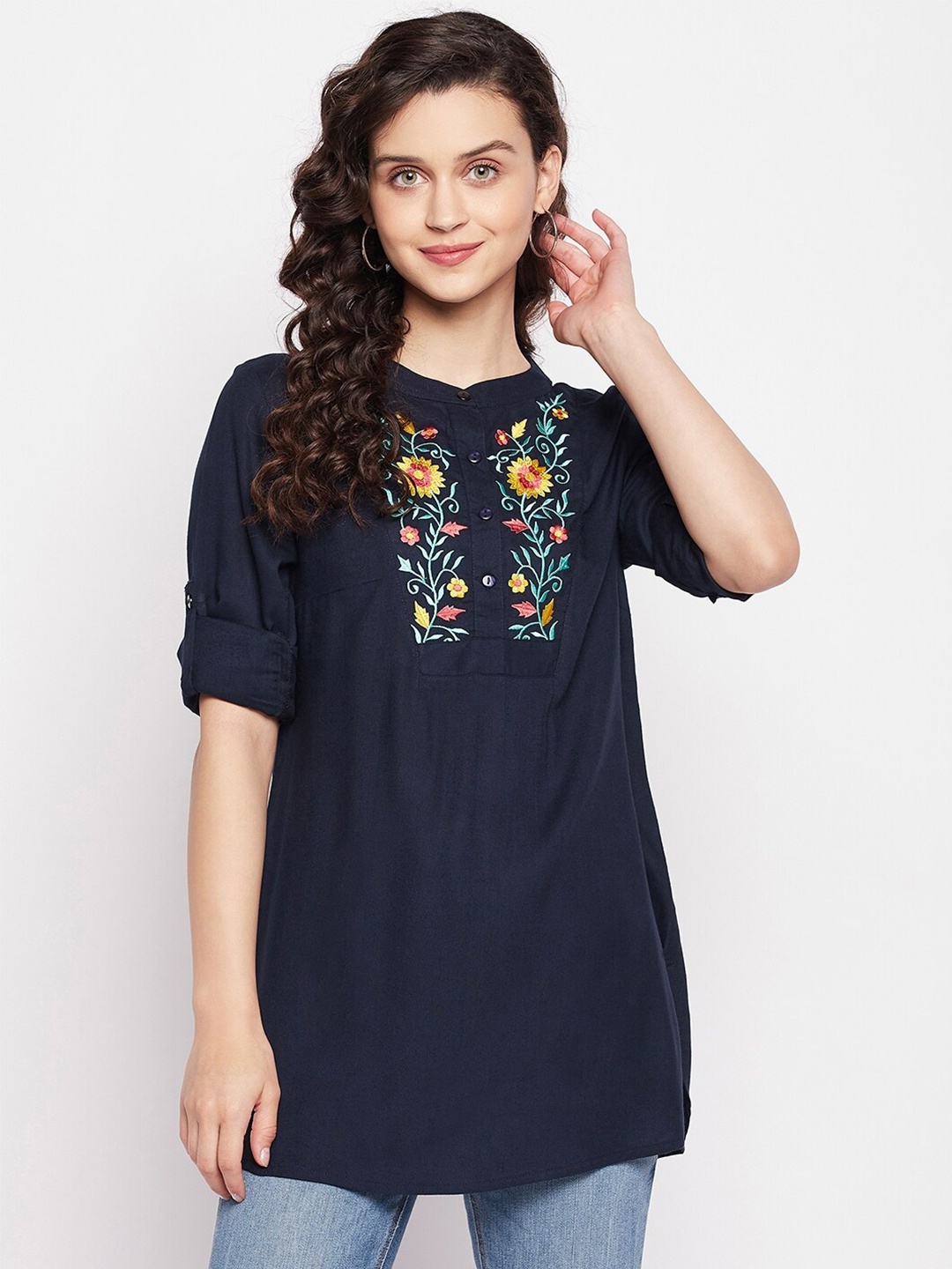 

Ruhaans Floral Embroidered Band Collar Roll-Up Sleeves Tunic, Navy blue