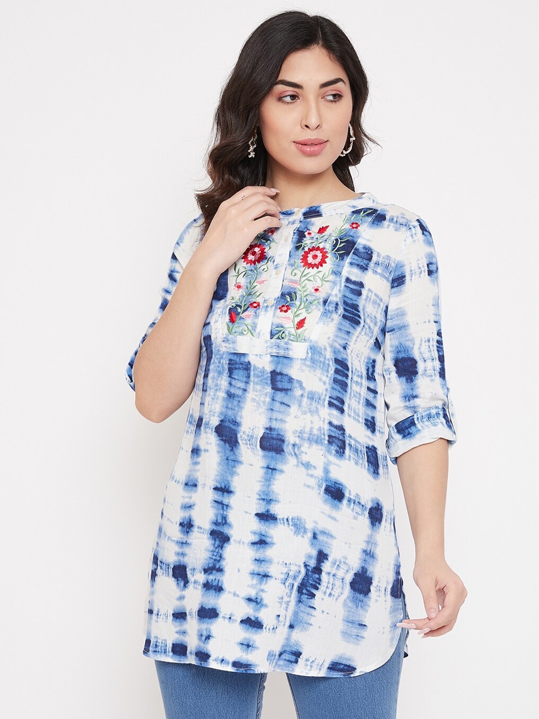 

Ruhaans Tie and Dye Embroidered Roll-Up Sleeves Tunic, Blue
