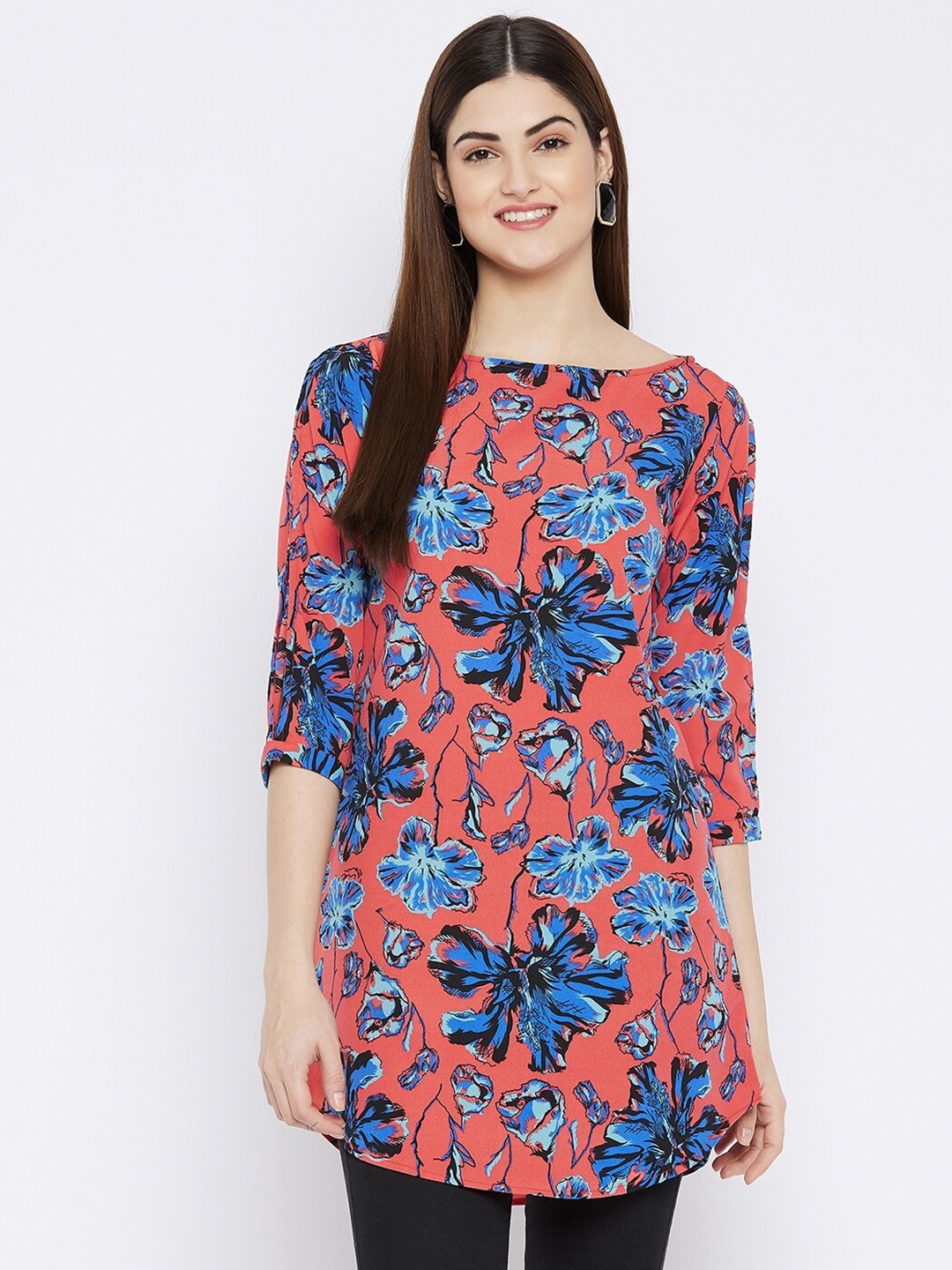 

Ruhaans Floral Printed Boat Neck Tunic, Rust