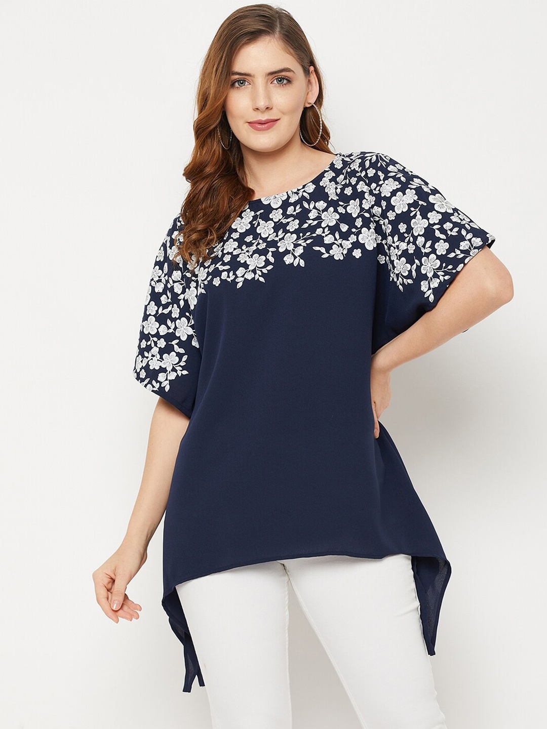 

Ruhaans Floral Printed Georgette Boat Neck Extended Sleeves Top, Navy blue