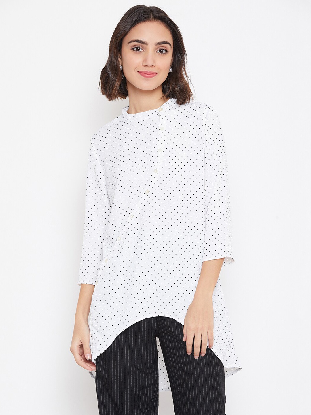 

Ruhaans Polka Dots Printed Georgette Longline High-Low Top, White