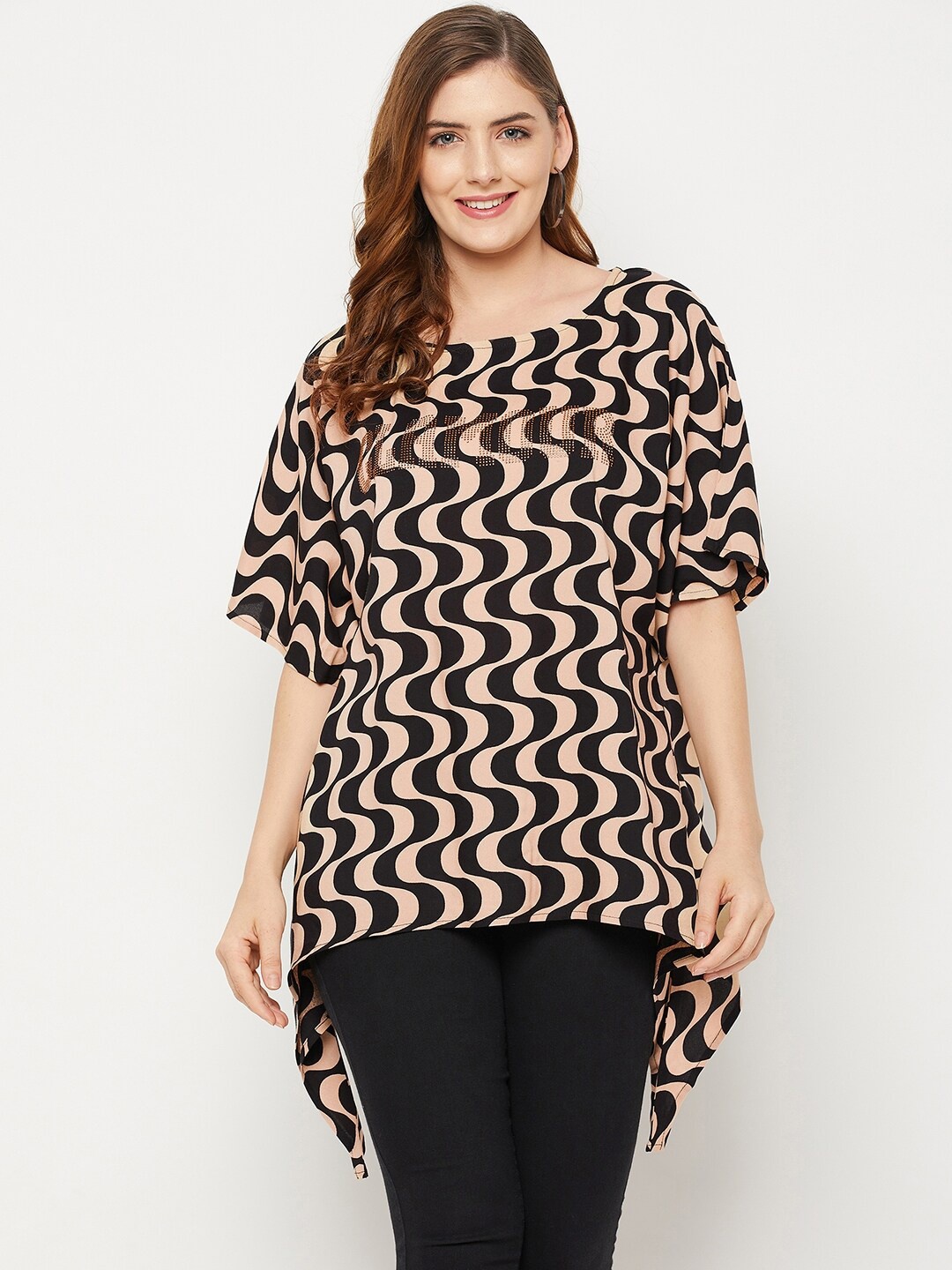 

Ruhaans Printed Boat Neck Extended Sleeves Regular Top, Black