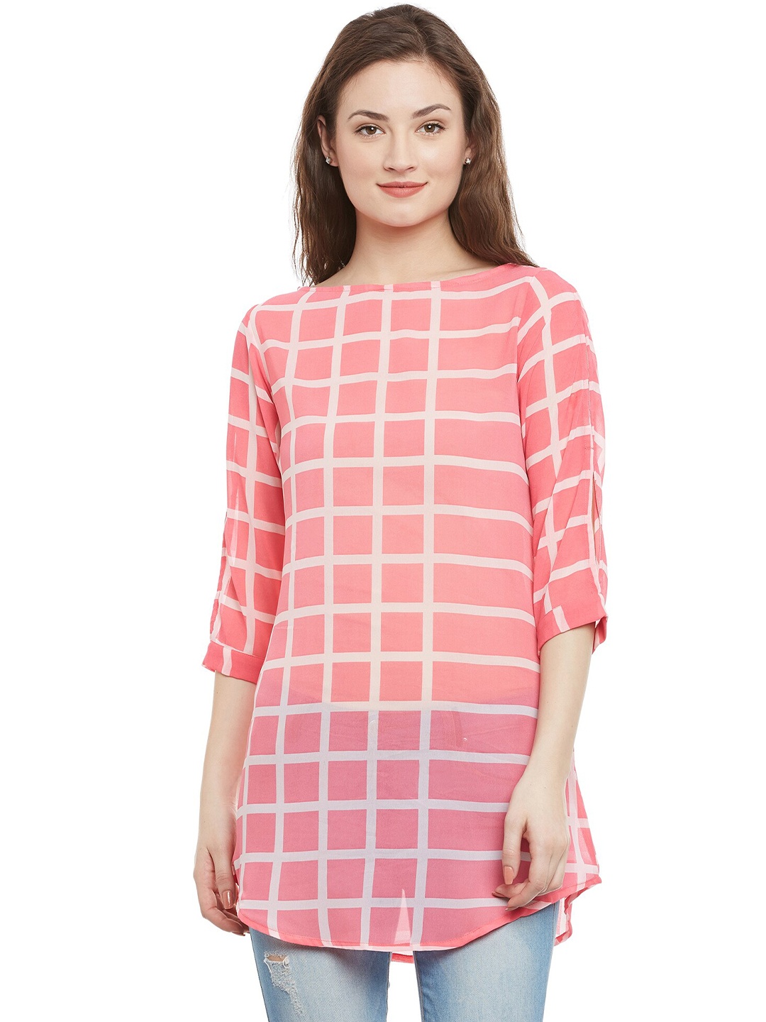 

Ruhaans Checked Regular Sleeves Top, Pink