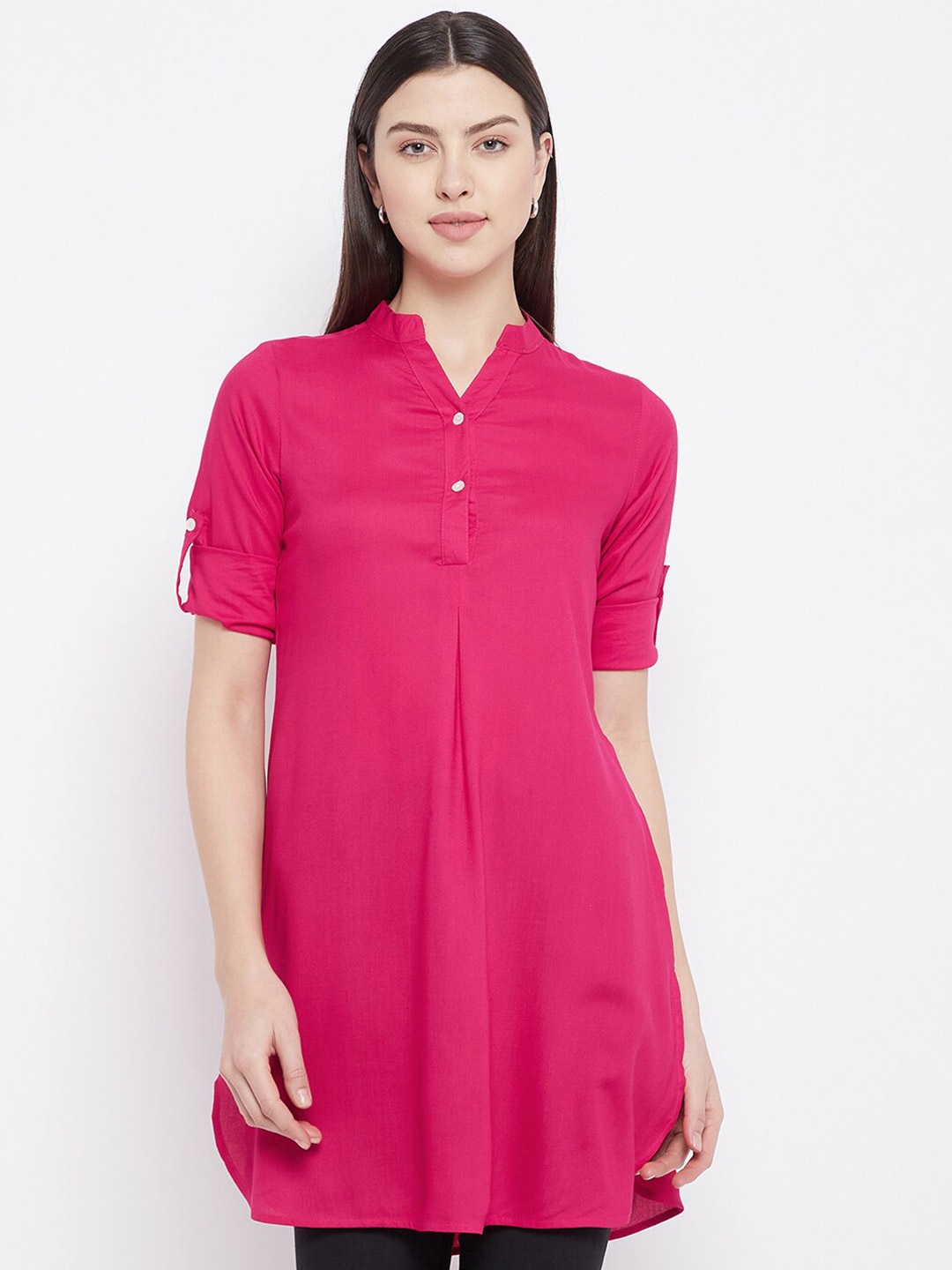 

Ruhaans Mandarin Collar Roll-Up Sleeves Straight Kurti, Fuchsia