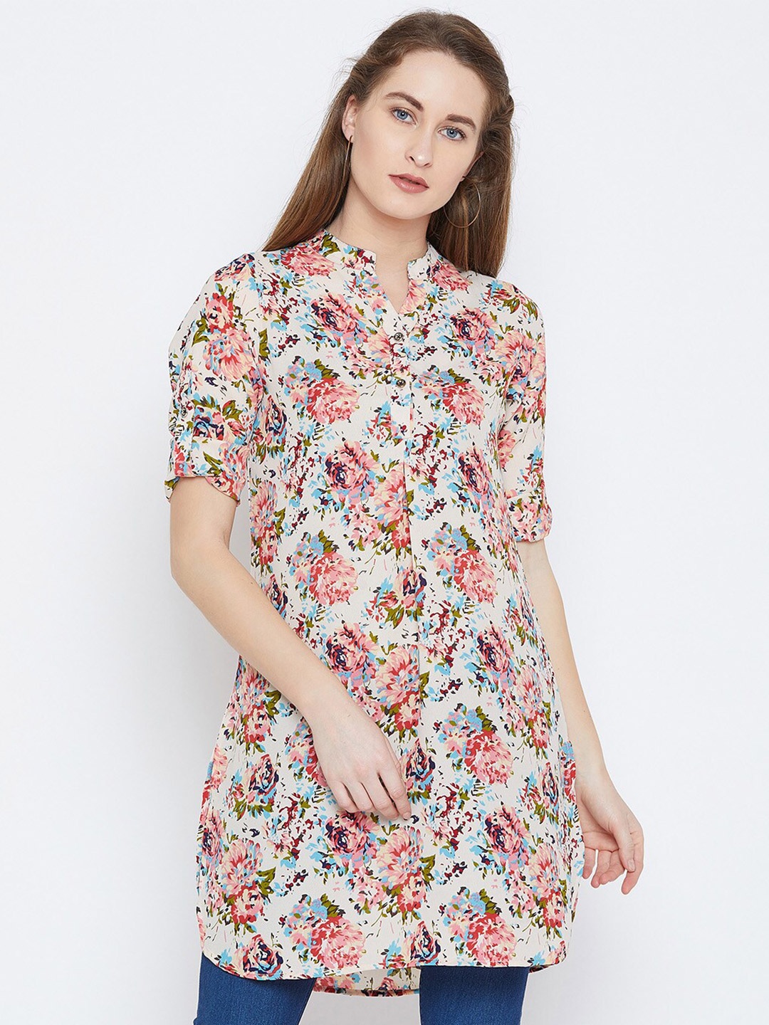 

Ruhaans Floral Printed Mandarin Collar Straight Kurta, Beige