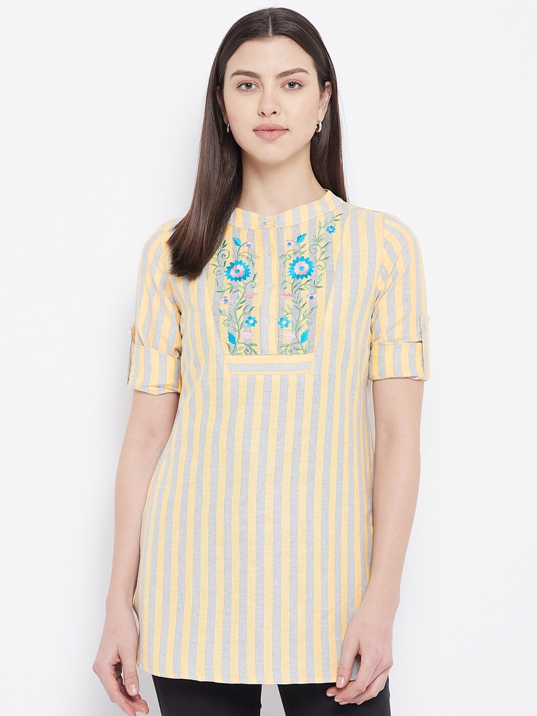 

Ruhaans Vertical Striped Thread Work Kurti, Yellow