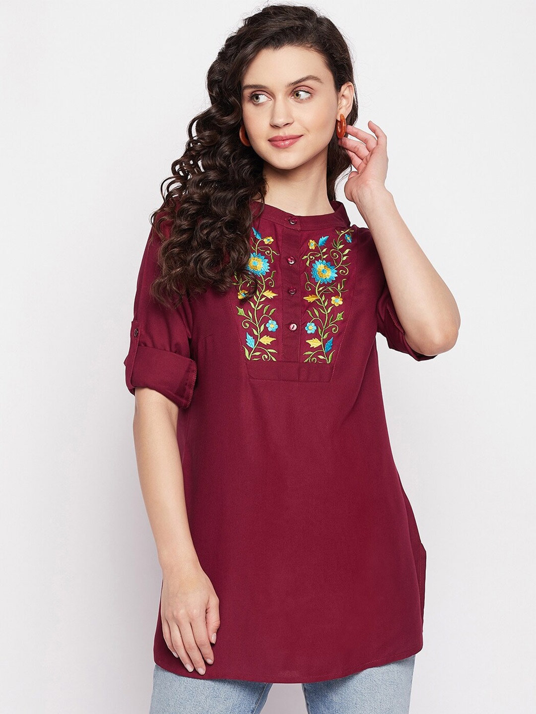 

Ruhaans Floral Embroidered Mandarin Collar Kurti, Maroon