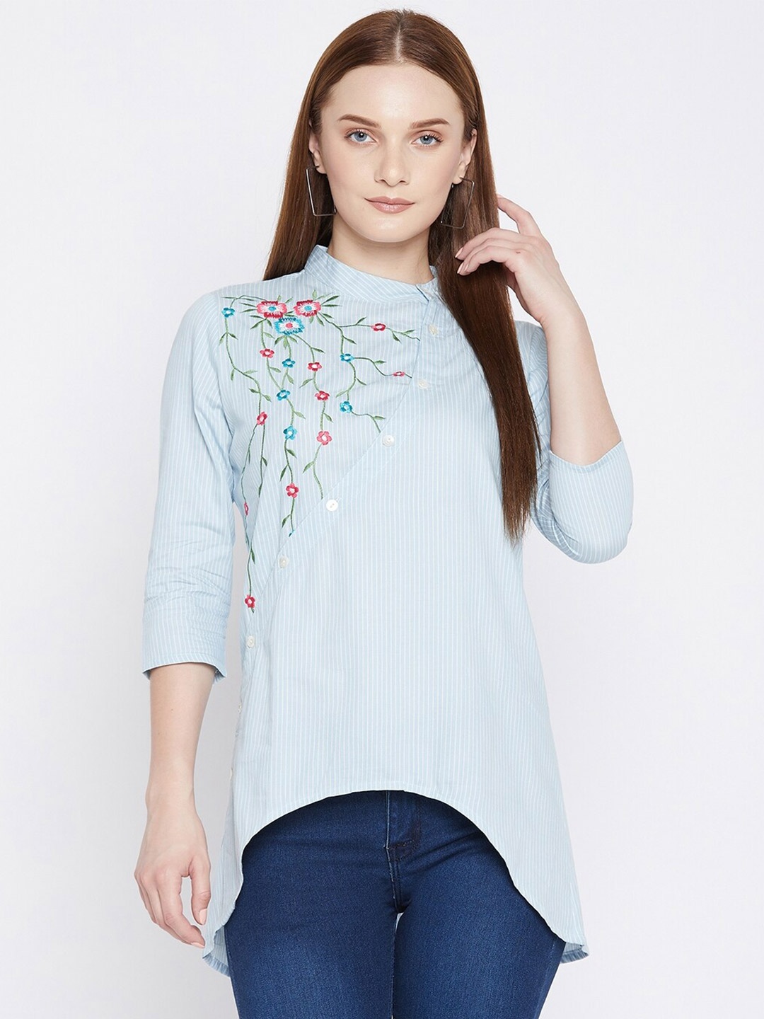 

Ruhaans Floral Embroiderd Longline Cotton Top, Blue