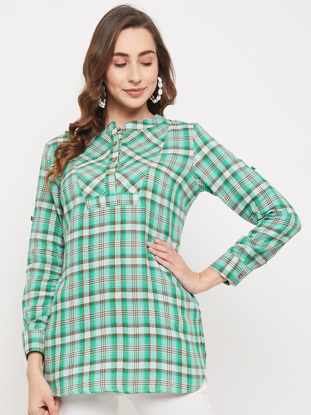 

Ruhaans Checked Mandarin Collar Cotton Kurti, Green