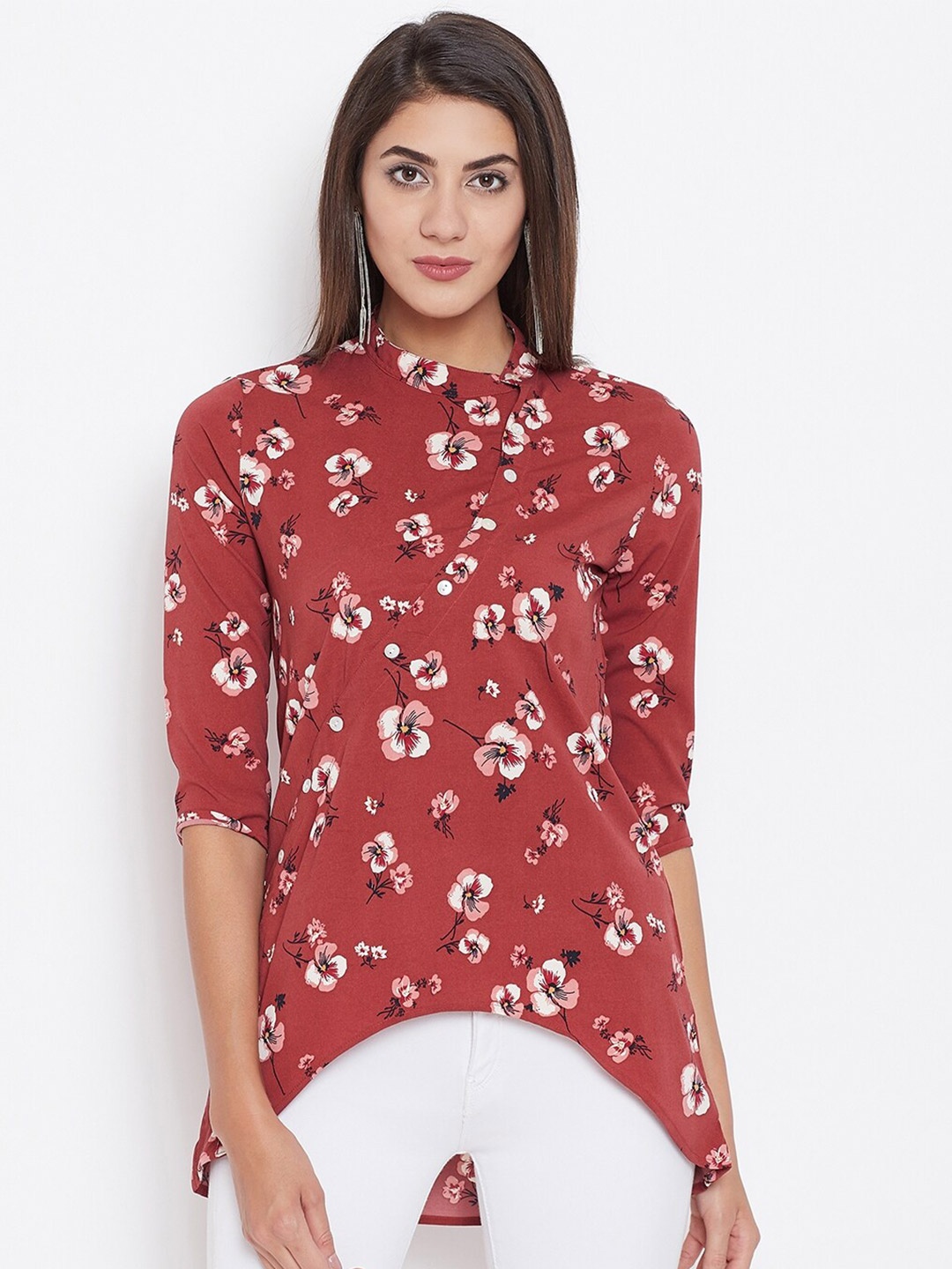 

Ruhaans Floral Print High Low Hem Crepe Top, Maroon