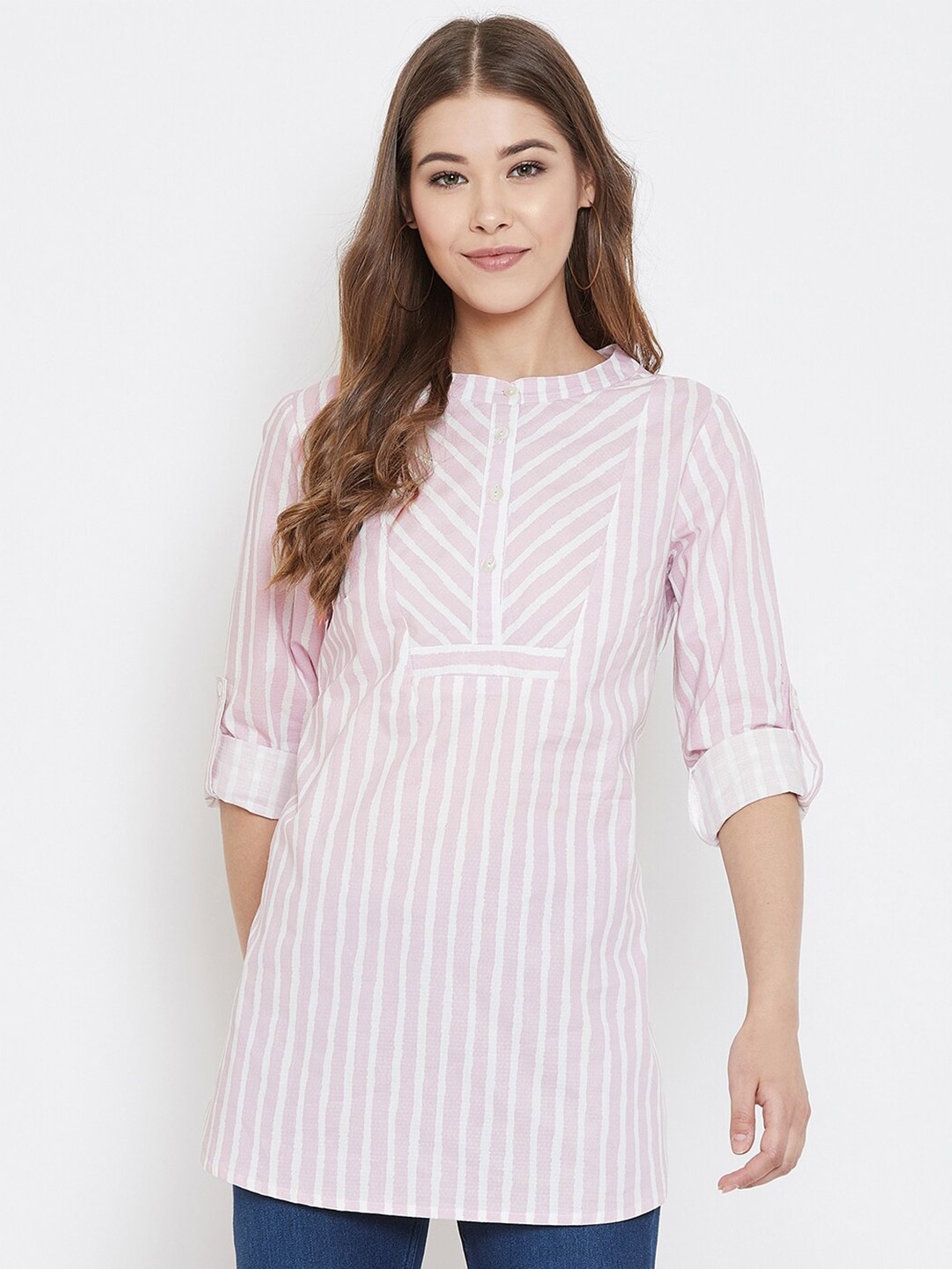 

Ruhaans Striped Mandarin Collar Roll-Up Sleeves Pure Cotton Kurti, Pink