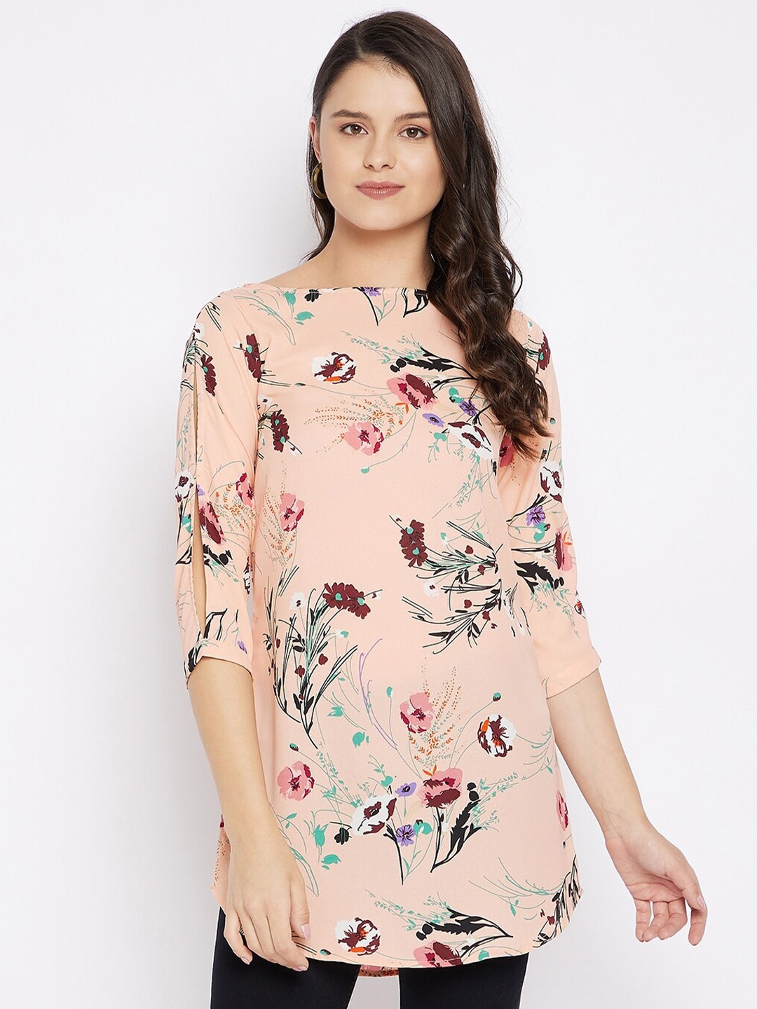 

Ruhaans Floral Print Slit Sleeves Crepe Regular Top, Peach