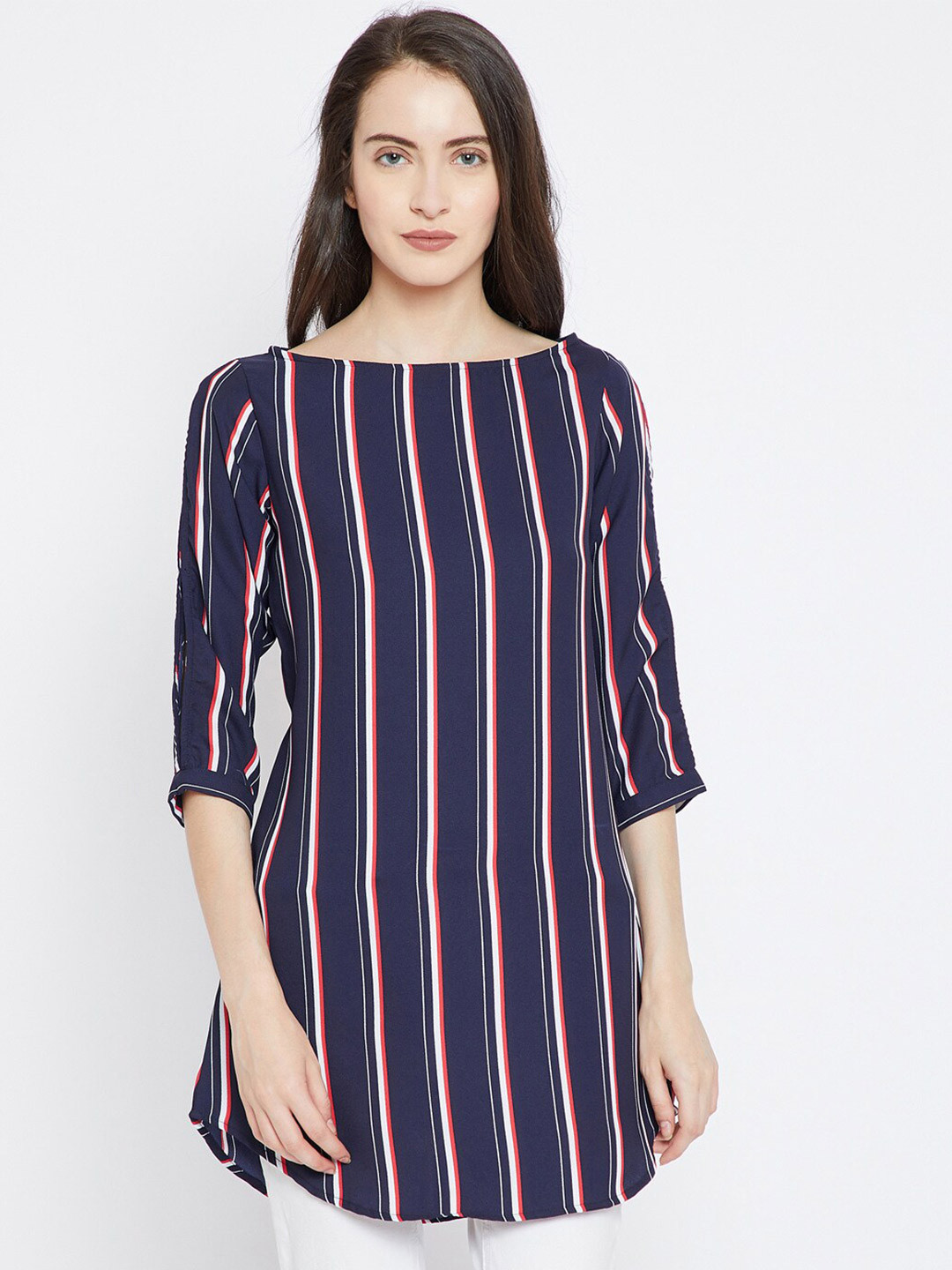 

Ruhaans Boat Neck Vertical Striped Longline Top, Navy blue