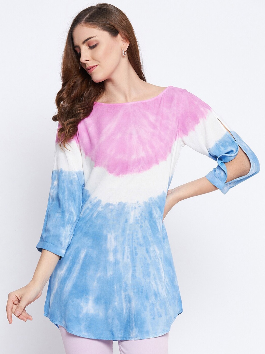 

Ruhaans Boat Neck Tie And Dye Longline Top, Pink