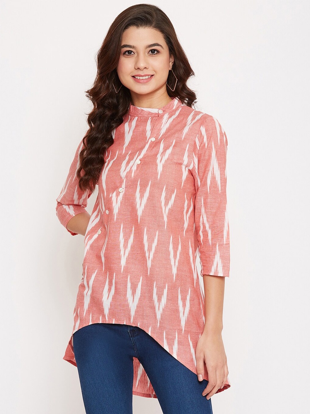 

Ruhaans Ikkat Printed Mandarin Collar Longline Cotton A-line Top, Pink