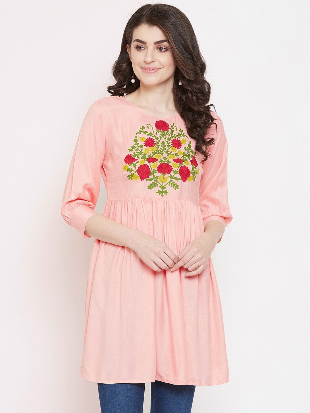 

Ruhaans Women Rayon Embroidered Kurti, Pink