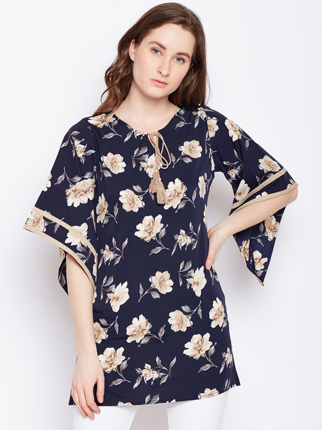 

Ruhaans Floral Printed Tie-Up Neck Flared Sleeves Longline Top, Navy blue