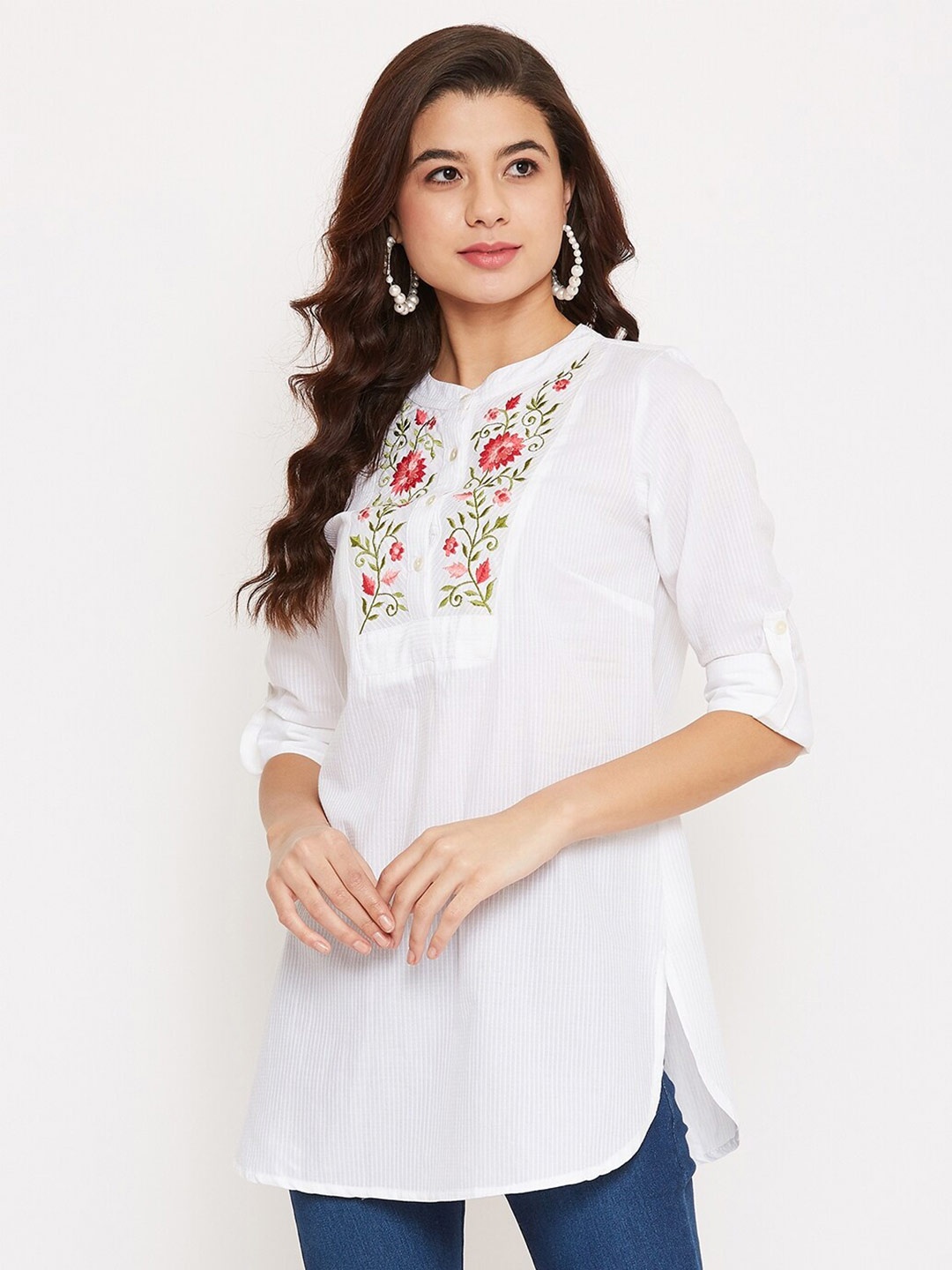 

Ruhaans Floral Embroidered Roll-Up Sleeves Top, White