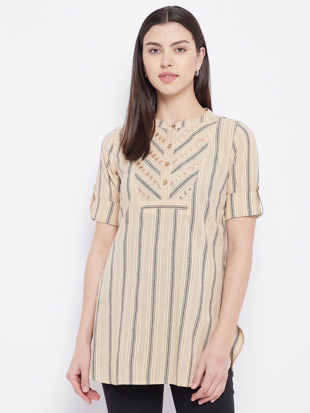 

Ruhaans Striped Band Collar Longline Top, Beige