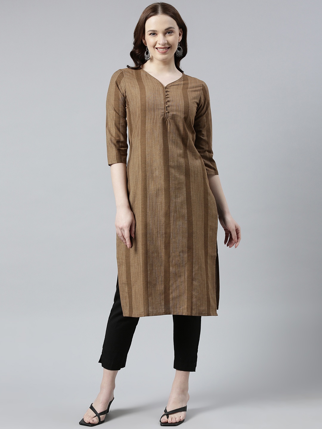 

HRITIKA Striped Pure Cotton Kurta, Brown