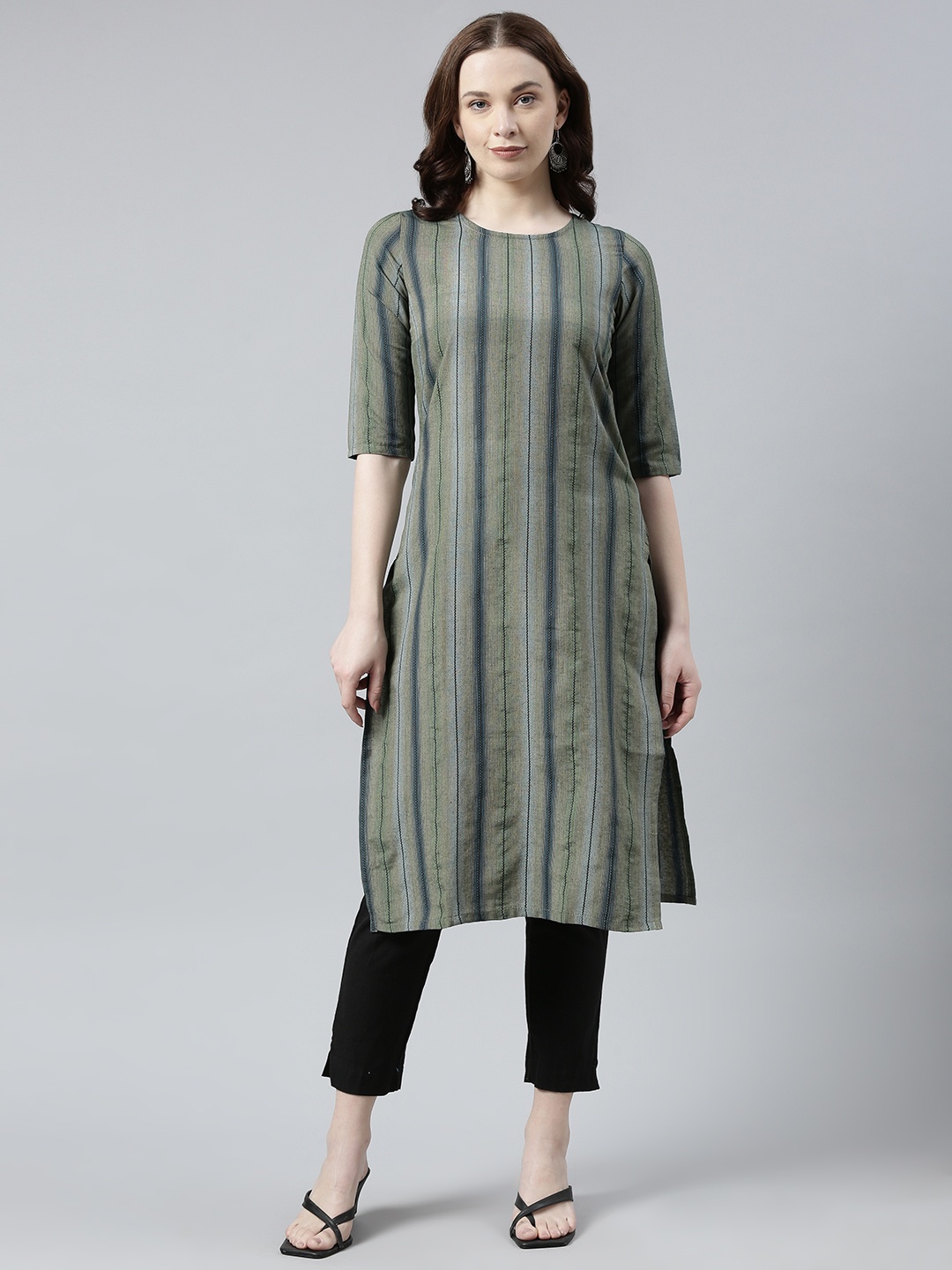HRITIKA Striped Pure Cotton Kurta, Green