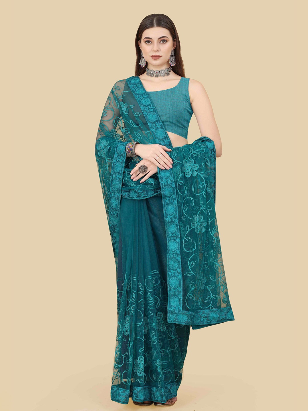 

VAIRAGEE Floral Embroidered Net Saree, Teal
