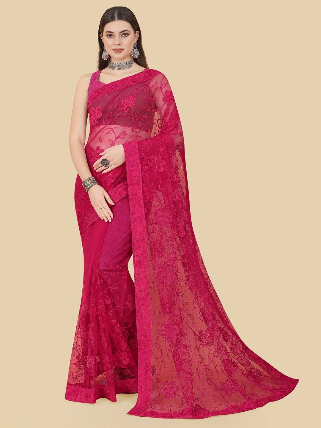 

VAIRAGEE Floral Embroidered Net Saree, Rose