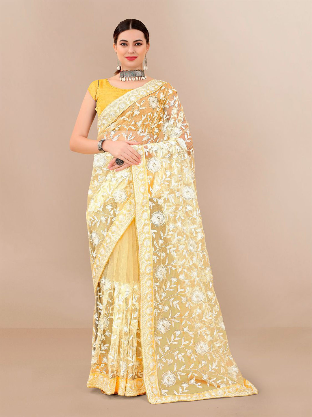 

VAIRAGEE Floral Embroidered Net Saree, Yellow