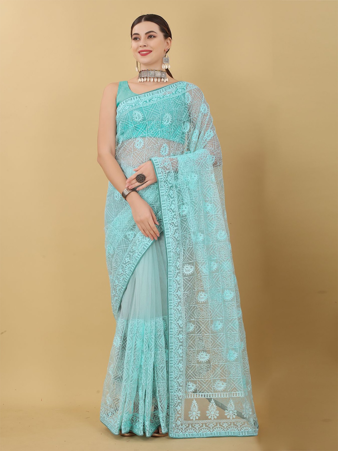 

VAIRAGEE Floral Embroidered Net Saree, Turquoise blue