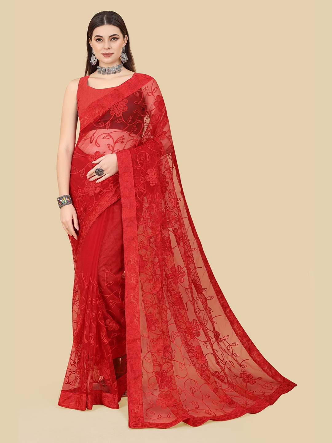 

VAIRAGEE Floral Embroidered Net Saree, Red