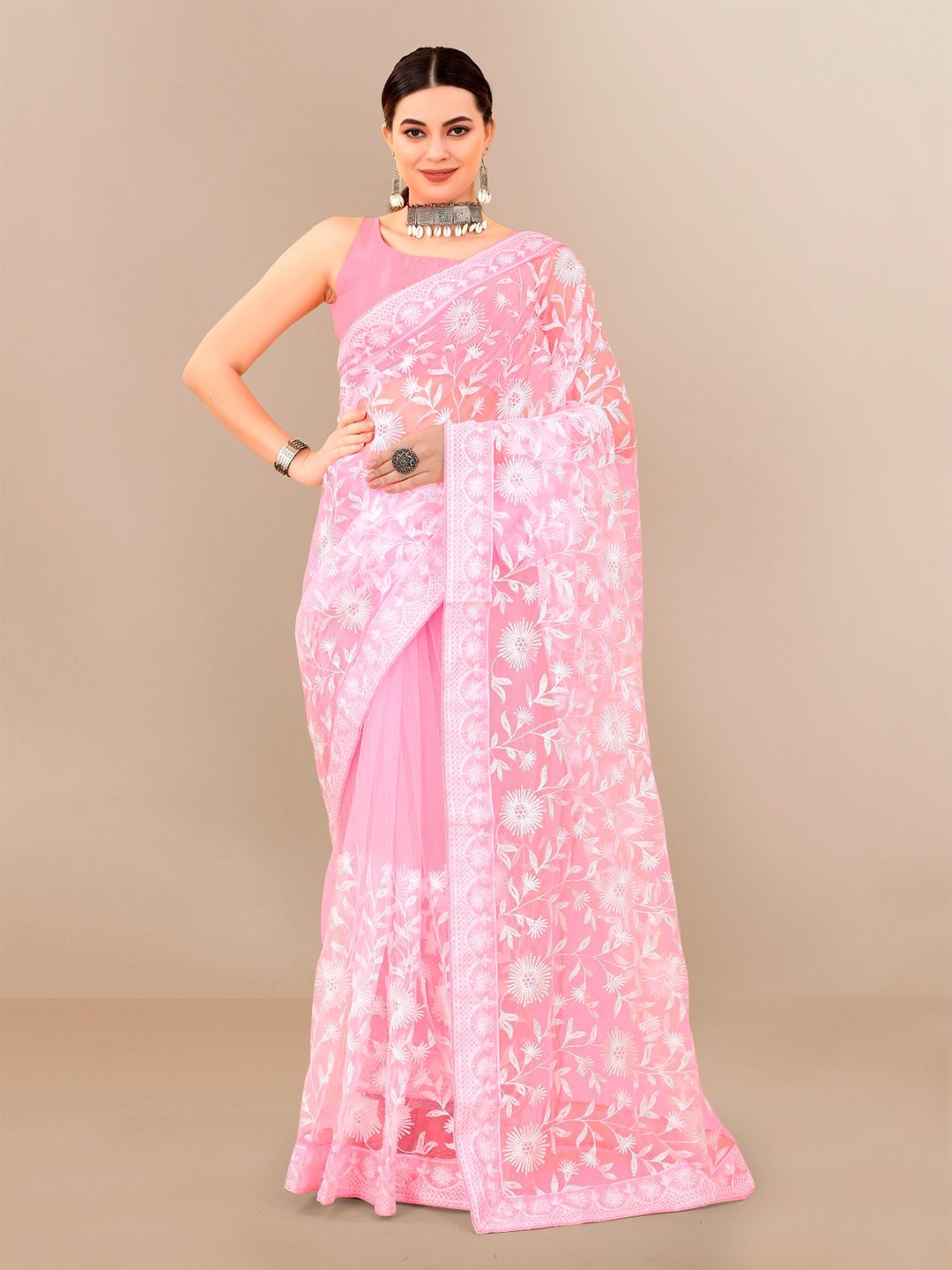

VAIRAGEE Floral Embroidered Net Heavy Work Saree, Pink