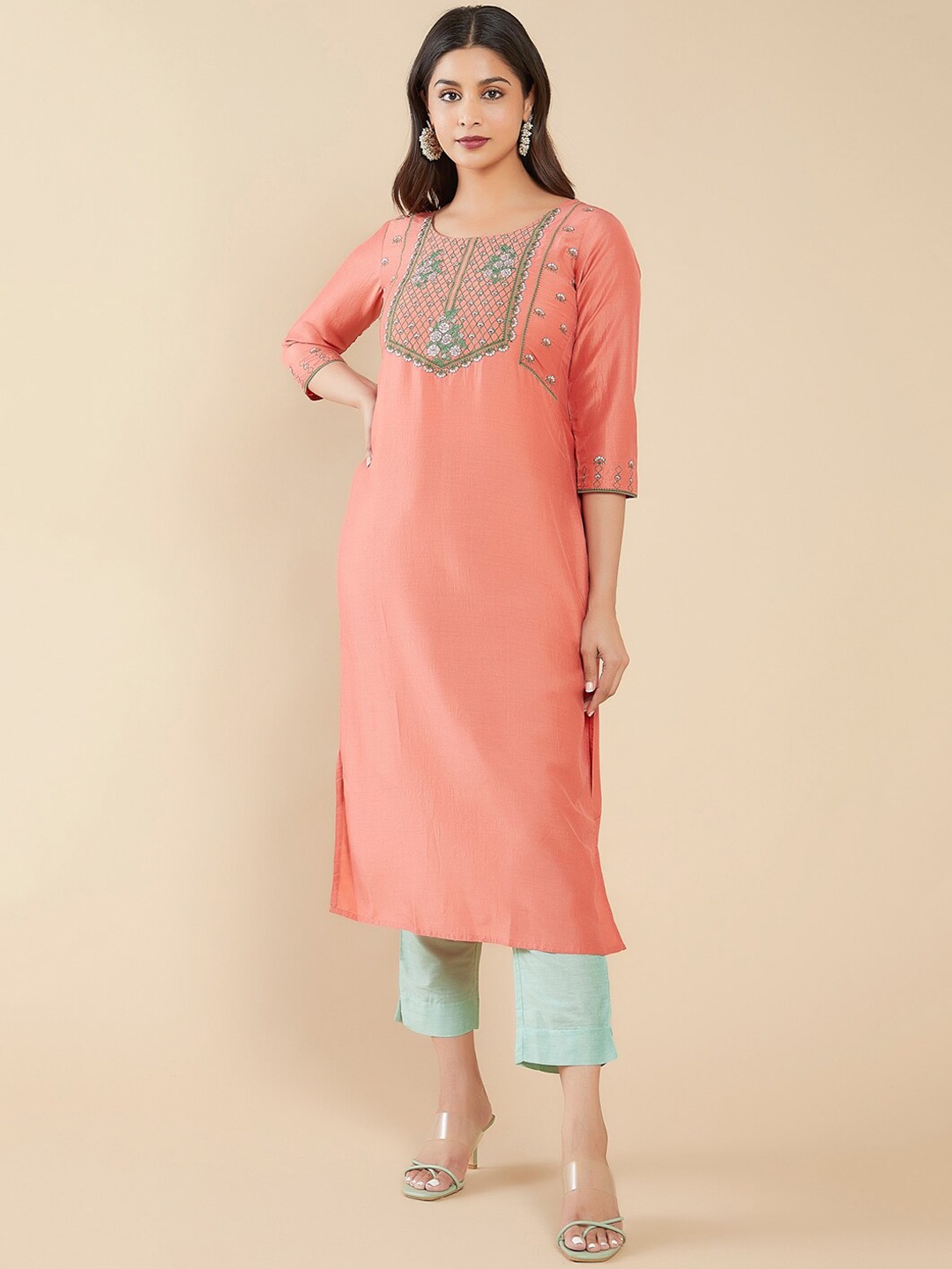

Maybell Floral Embroidered Kurta with Trousers & Dupatta, Peach