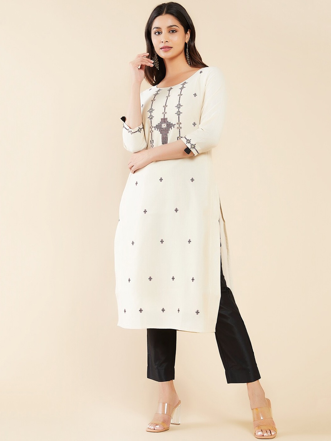 

Maybell Ethnic Motifs Embroidered Silk Kurta With Trousers, Beige