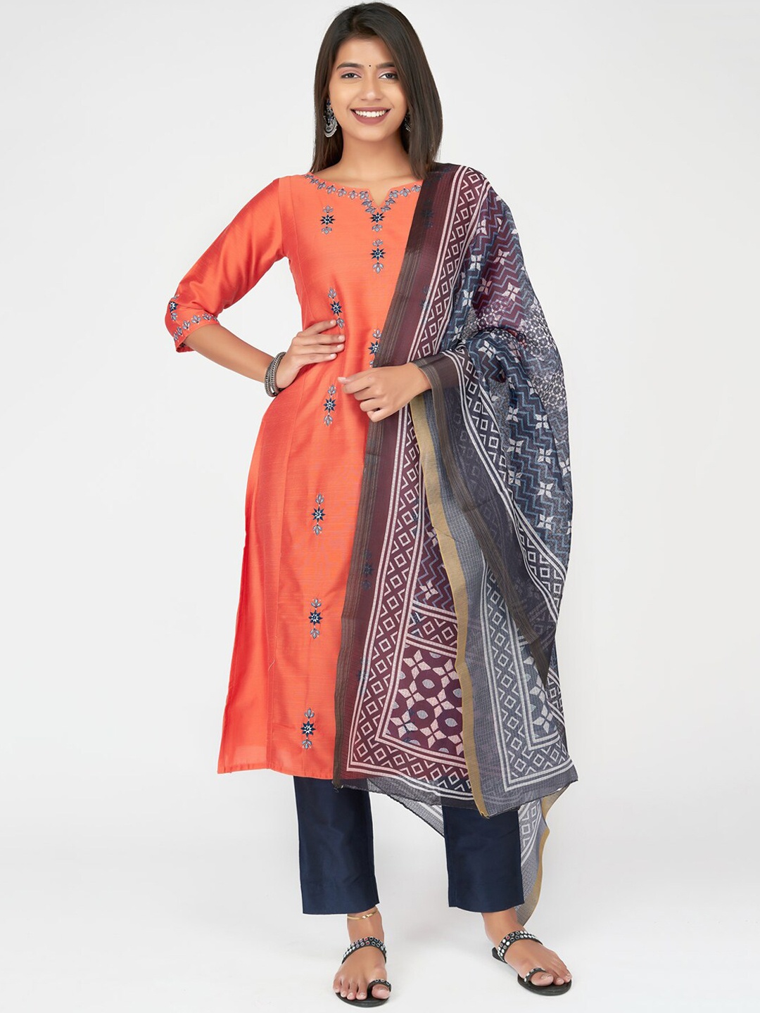

Maybell Embroidered Pure Silk Kurta with Trousers & Dupatta, Orange