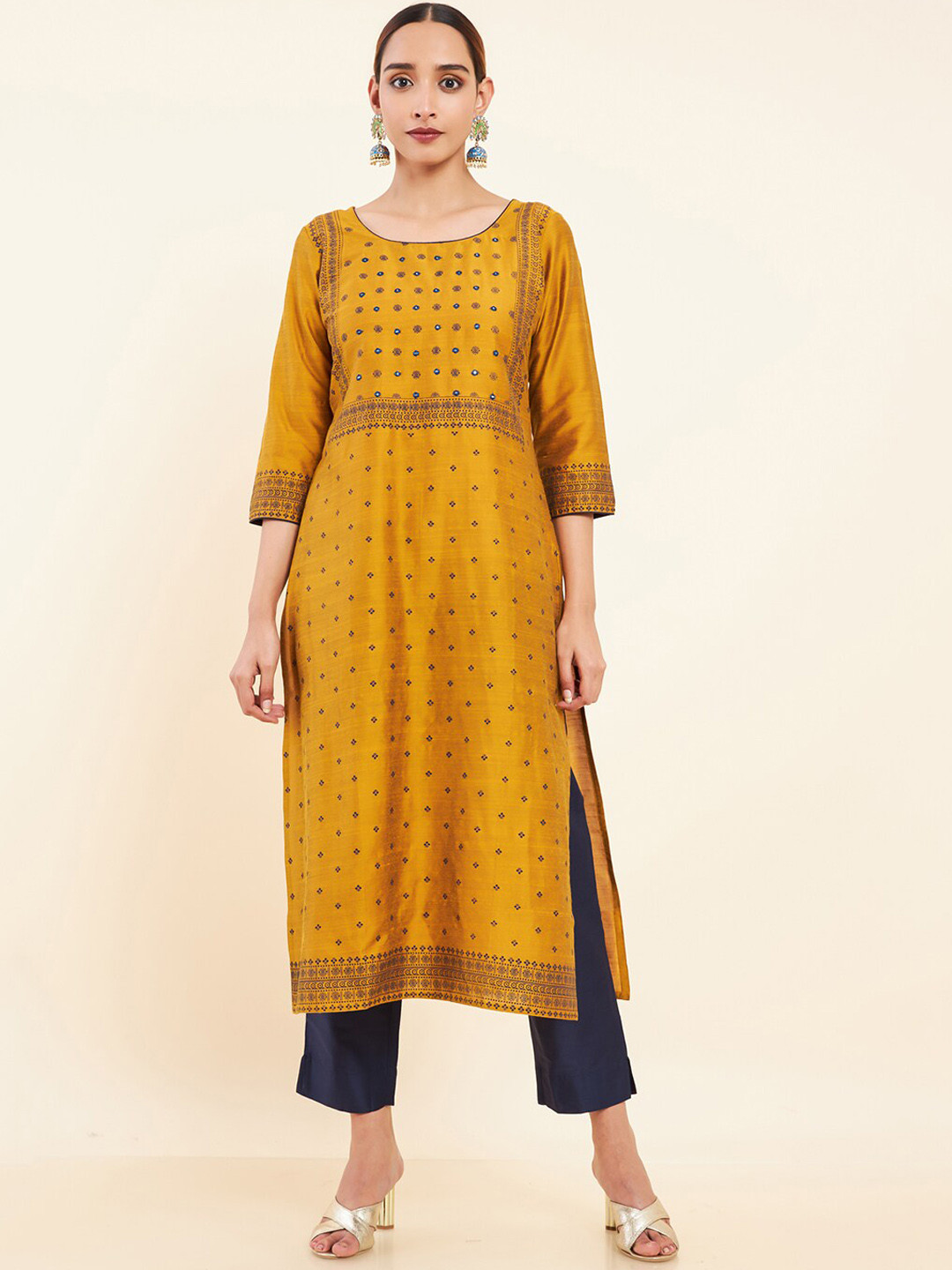 

Maybell Printed Pure Silk Mirror Work Straight Kurta with Trousers & Dupatta, Mustard