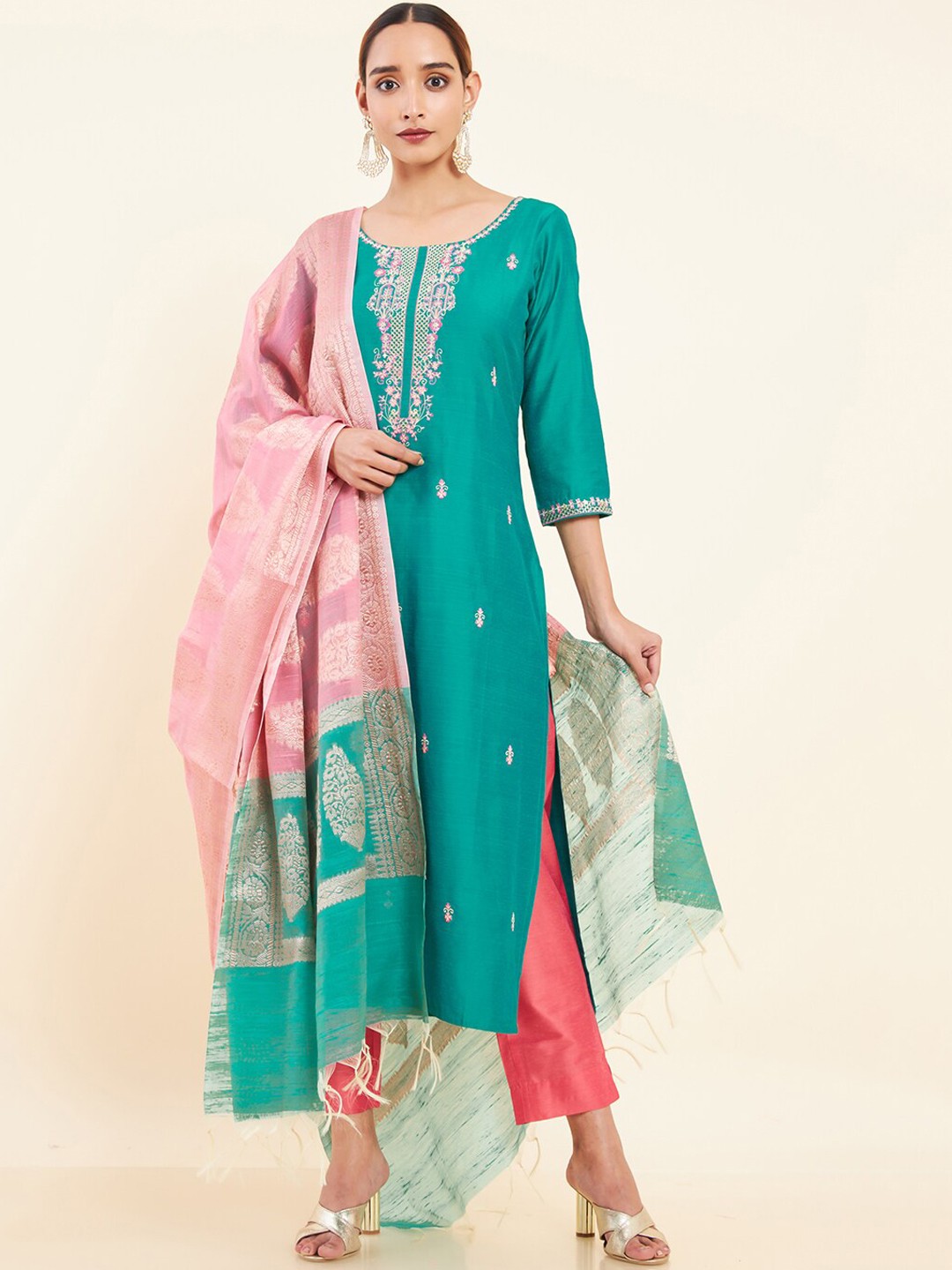 

Maybell Women Embroidered Kurta with Trousers & Dupatta, Green