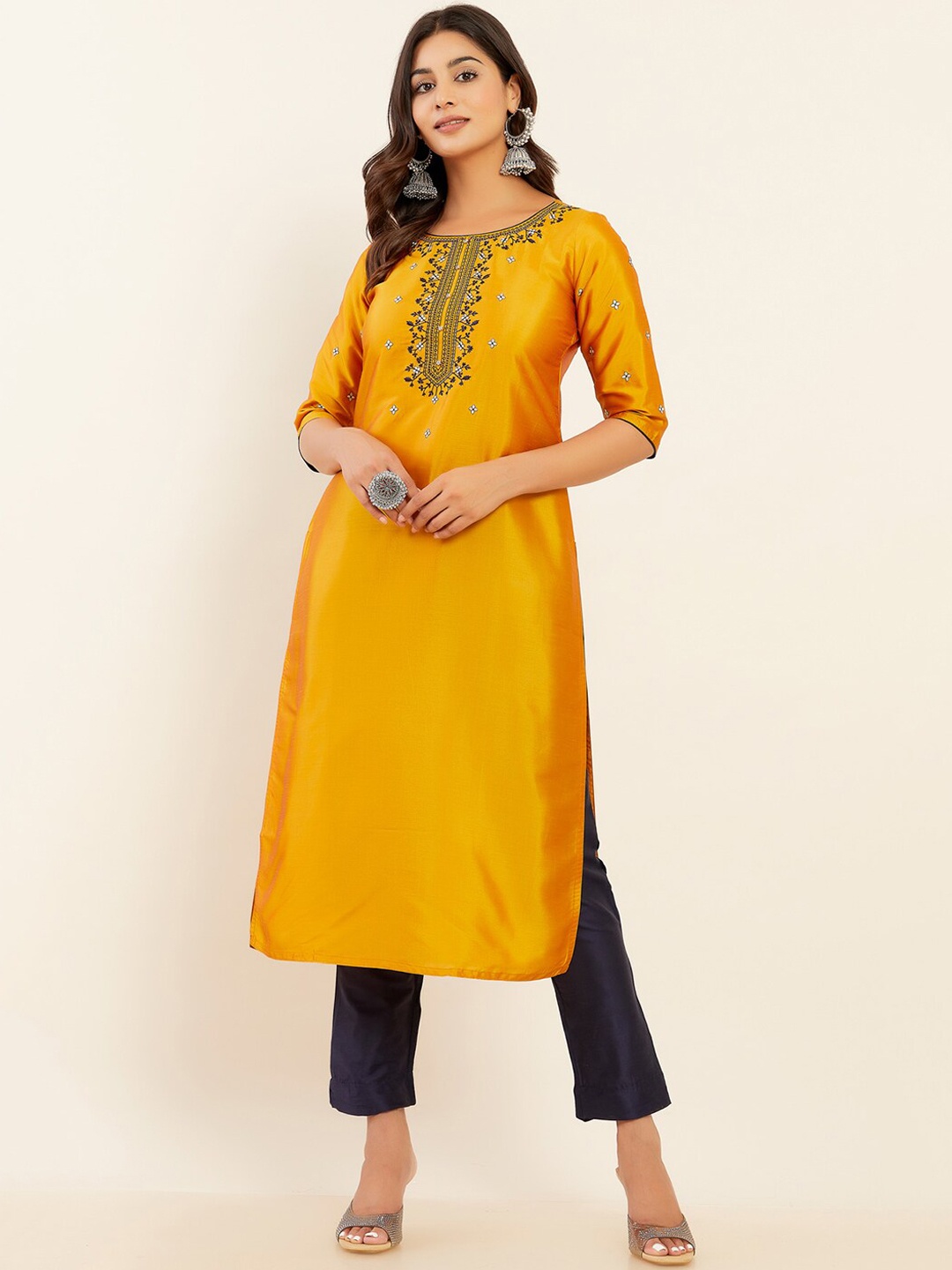 

Maybell Yoke Design Embroidered Printed Kurta with Trousers & Dupatta, Mustard