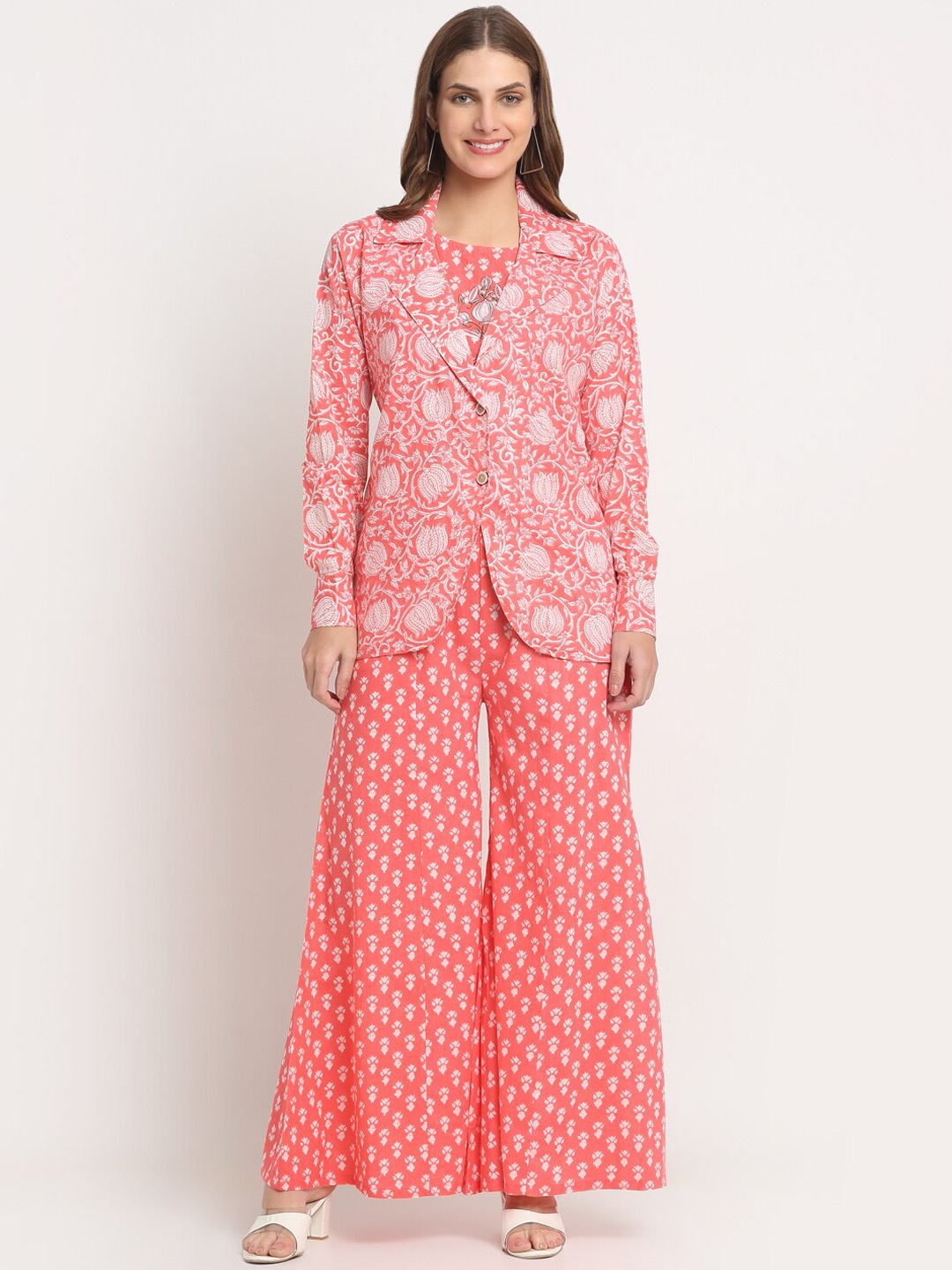 

KALINI Pinted Pure Cotton Printed Co-Ords With Jacketr, Peach