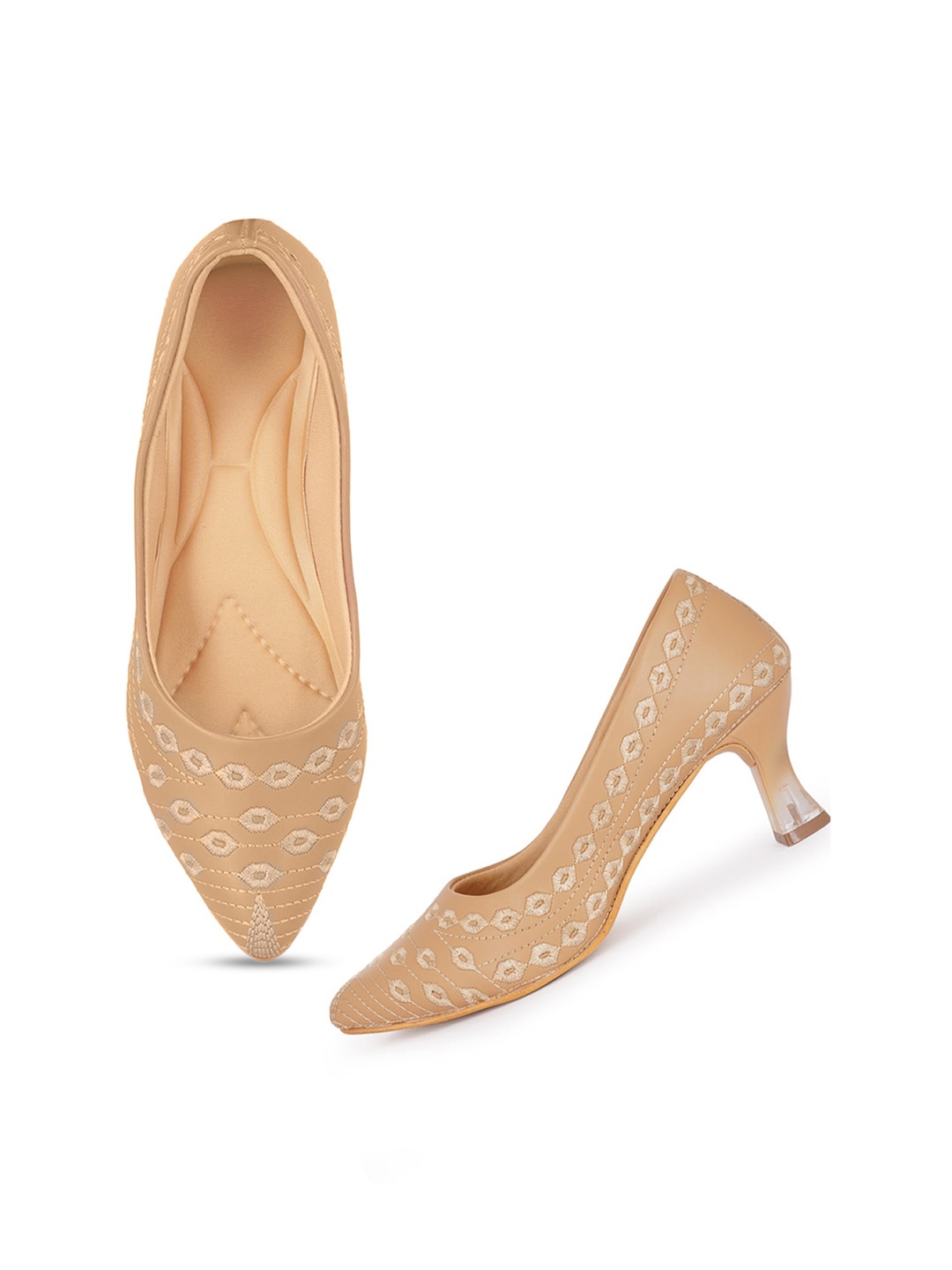

Walkfree Embroidered Pointed Toe Kitten Heel Pumps, Beige