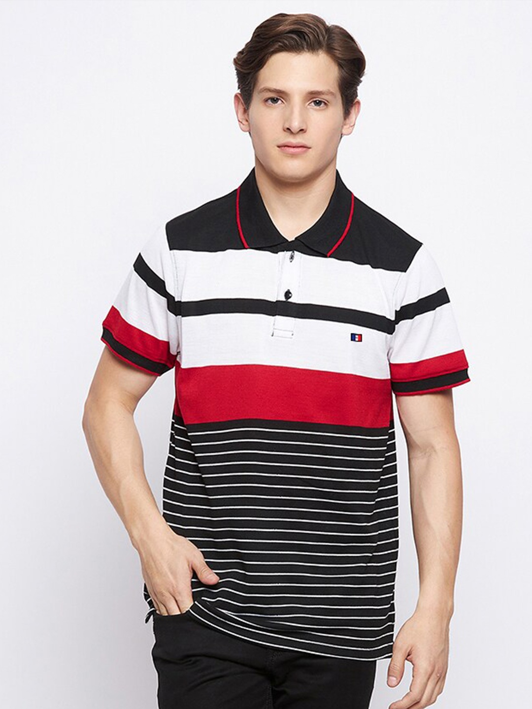 

FRENCH FLEXIOUS Striped Polo Collar Cotton T-shirt, Black
